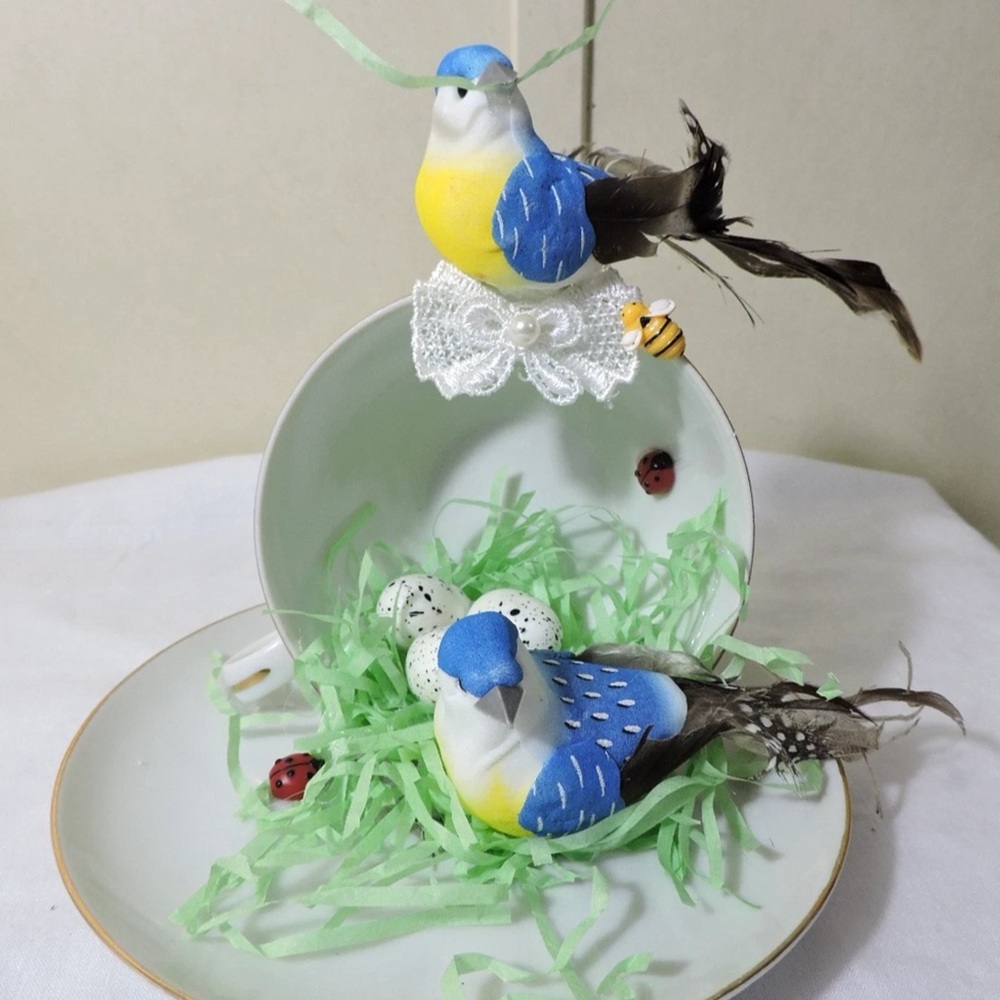 Decorative Blue & Yellow Artificial Bird Nest Display